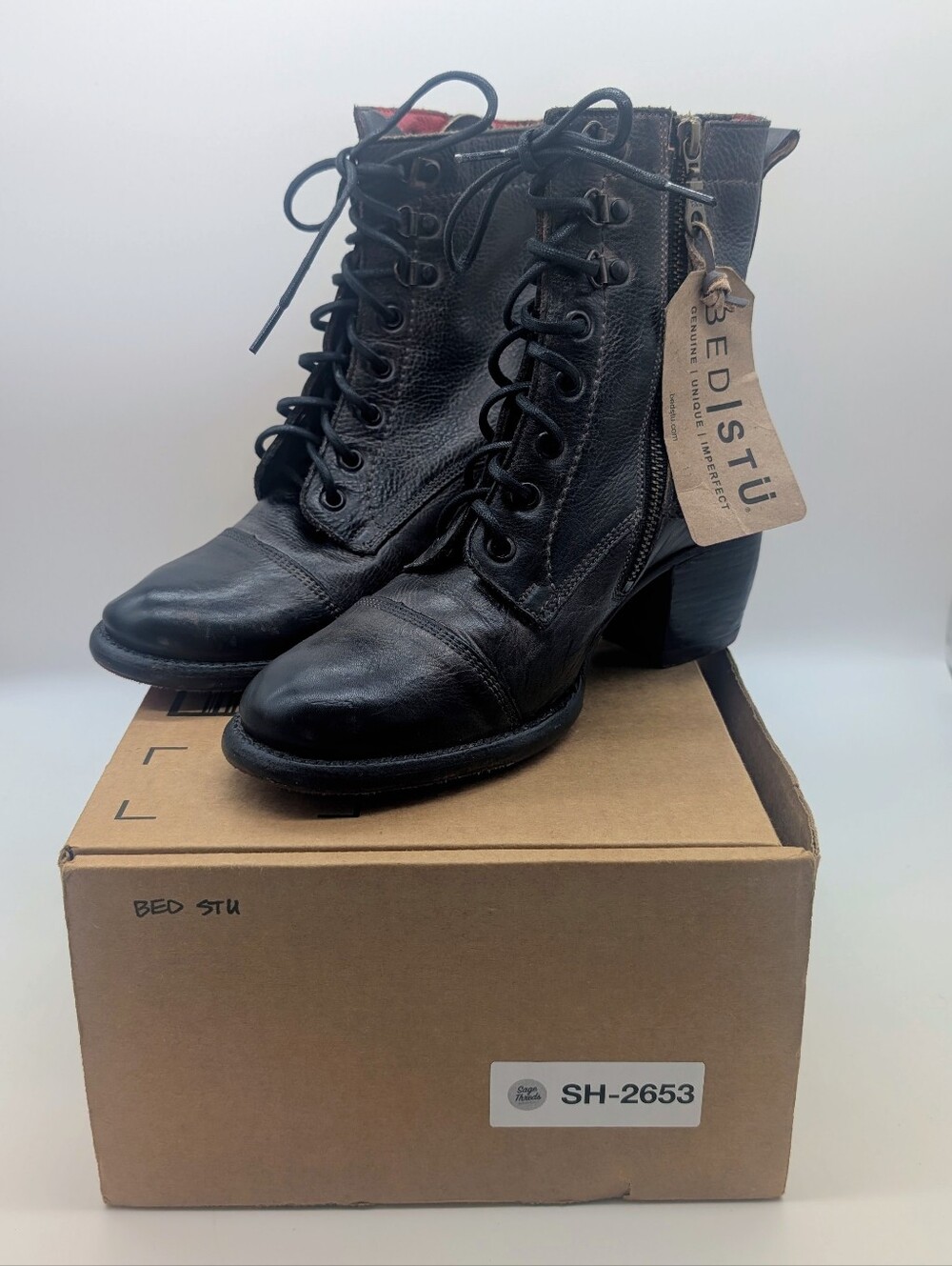 Bed Stu Judgment Distressed Black Lace-Up Leather Combat Boots